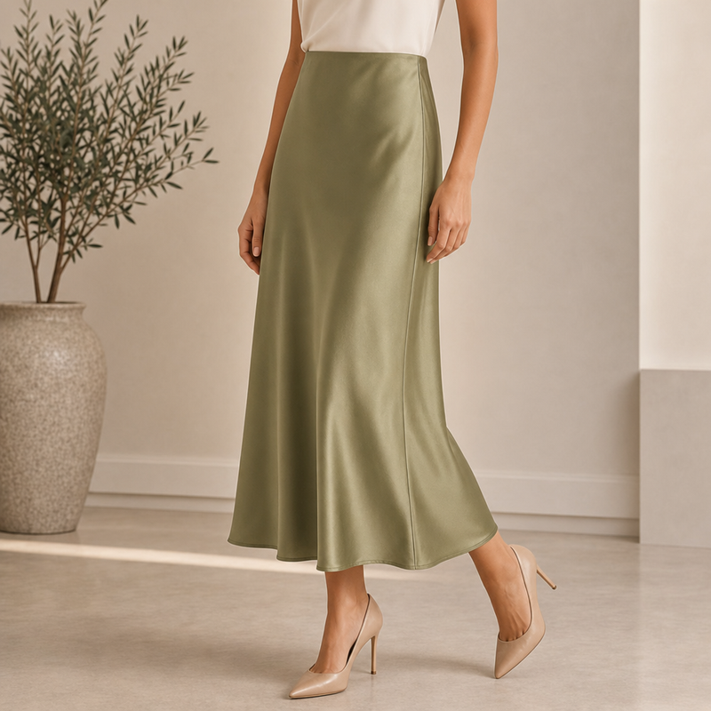 Palamos Satin Asymmetric Midi Skirt in Green