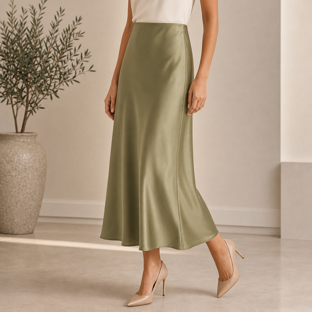 Palamos Satin Asymmetric Midi Skirt in Green