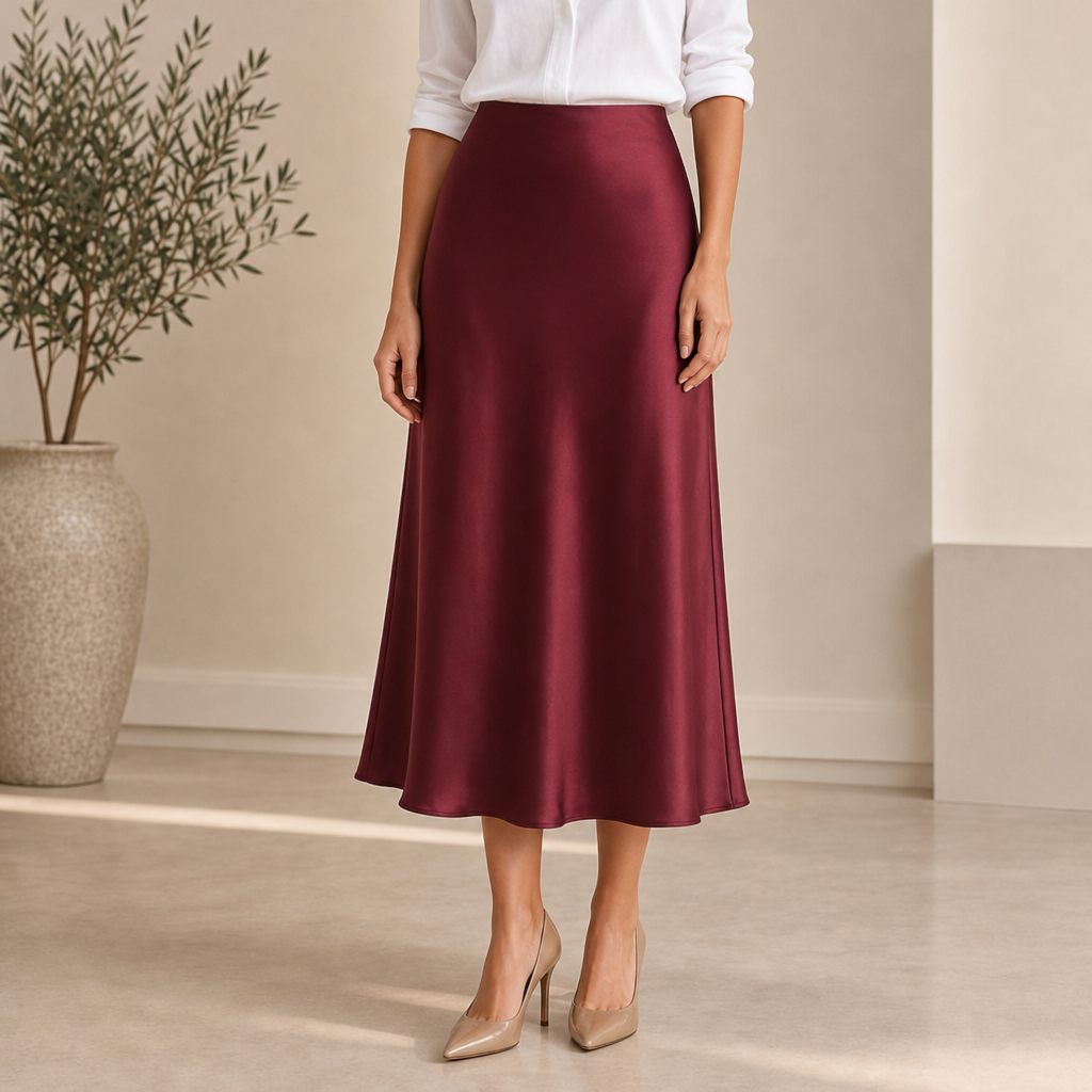 Palamos Satin Asymmetric Midi Skirt in Red
