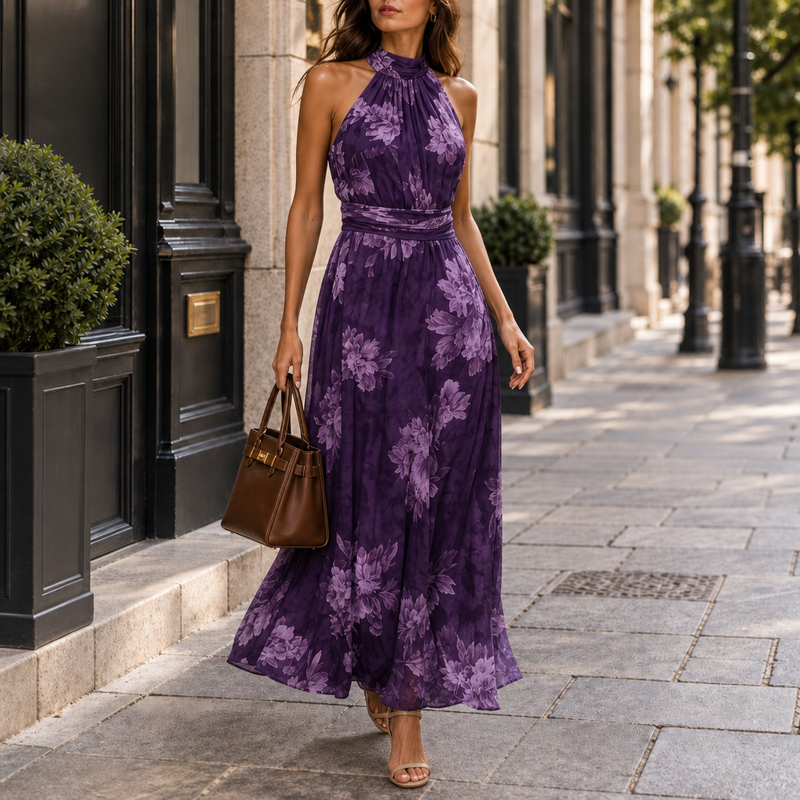 Paphos Floral Halter Maxi Dress in Purple