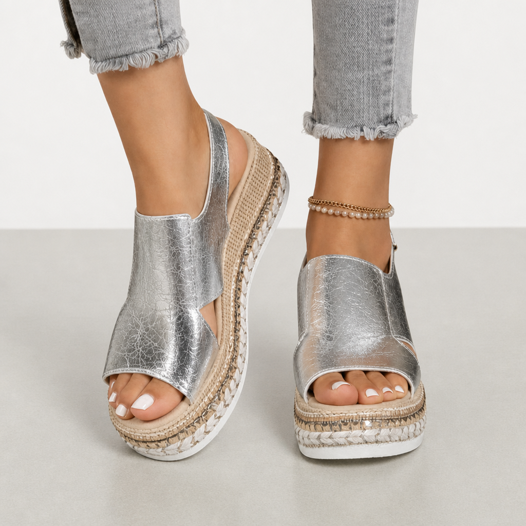 Paphos Orthopedic Metallic Wedge Sandals in Silver