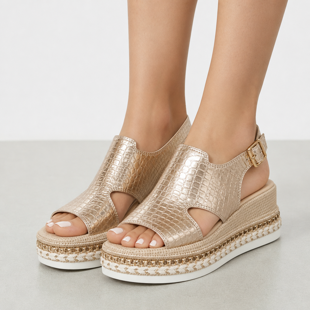 Paphos Orthopedic Metallic Wedge Sandals in Gold