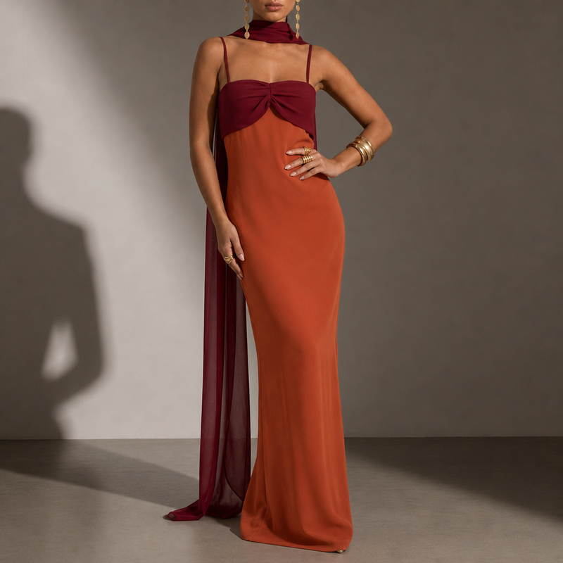 Paros Colorblock Chiffon Maxi Dress in Burgundy Orange