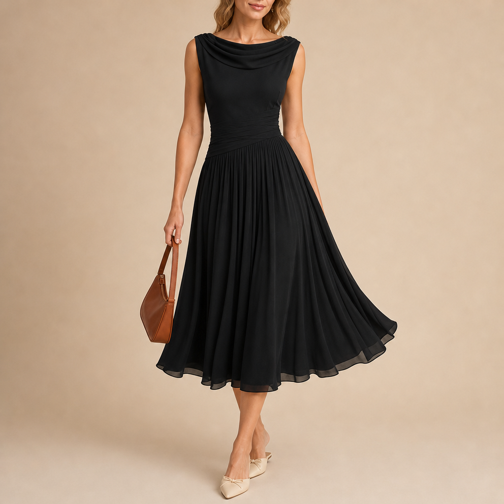 Paros Draped Pleated Midi Dress in Black