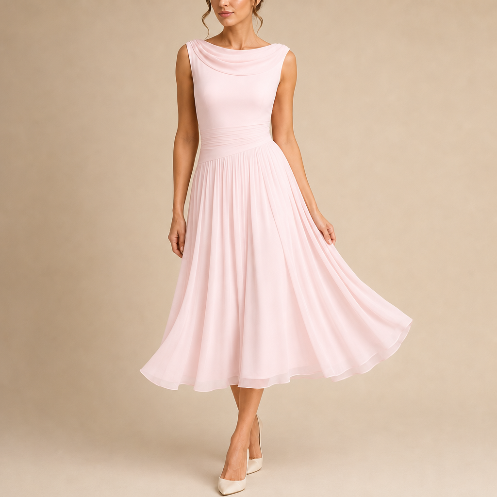 Paros Draped Pleated Midi Dress in Pink