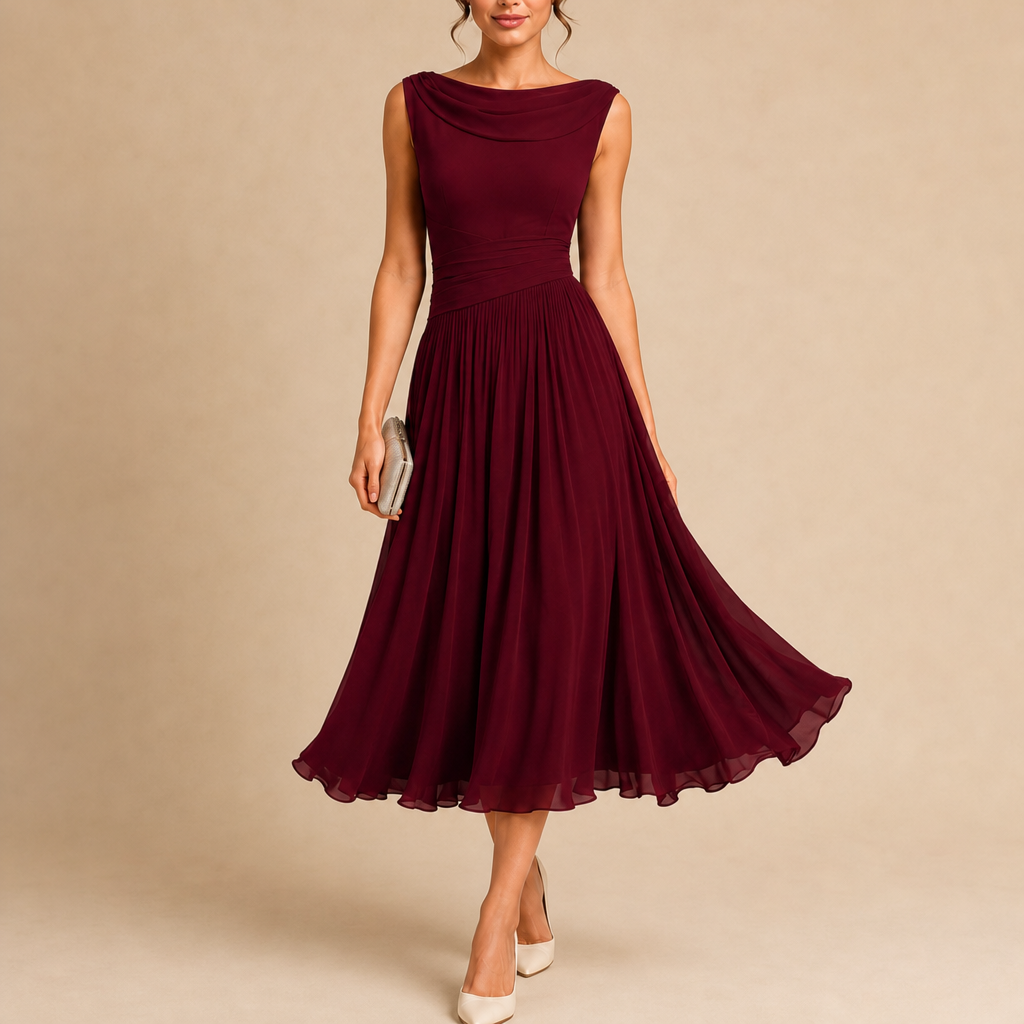 Paros Draped Pleated Midi Dress in Red