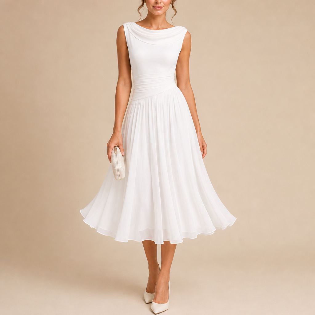 Paros Draped Pleated Midi Dress in White