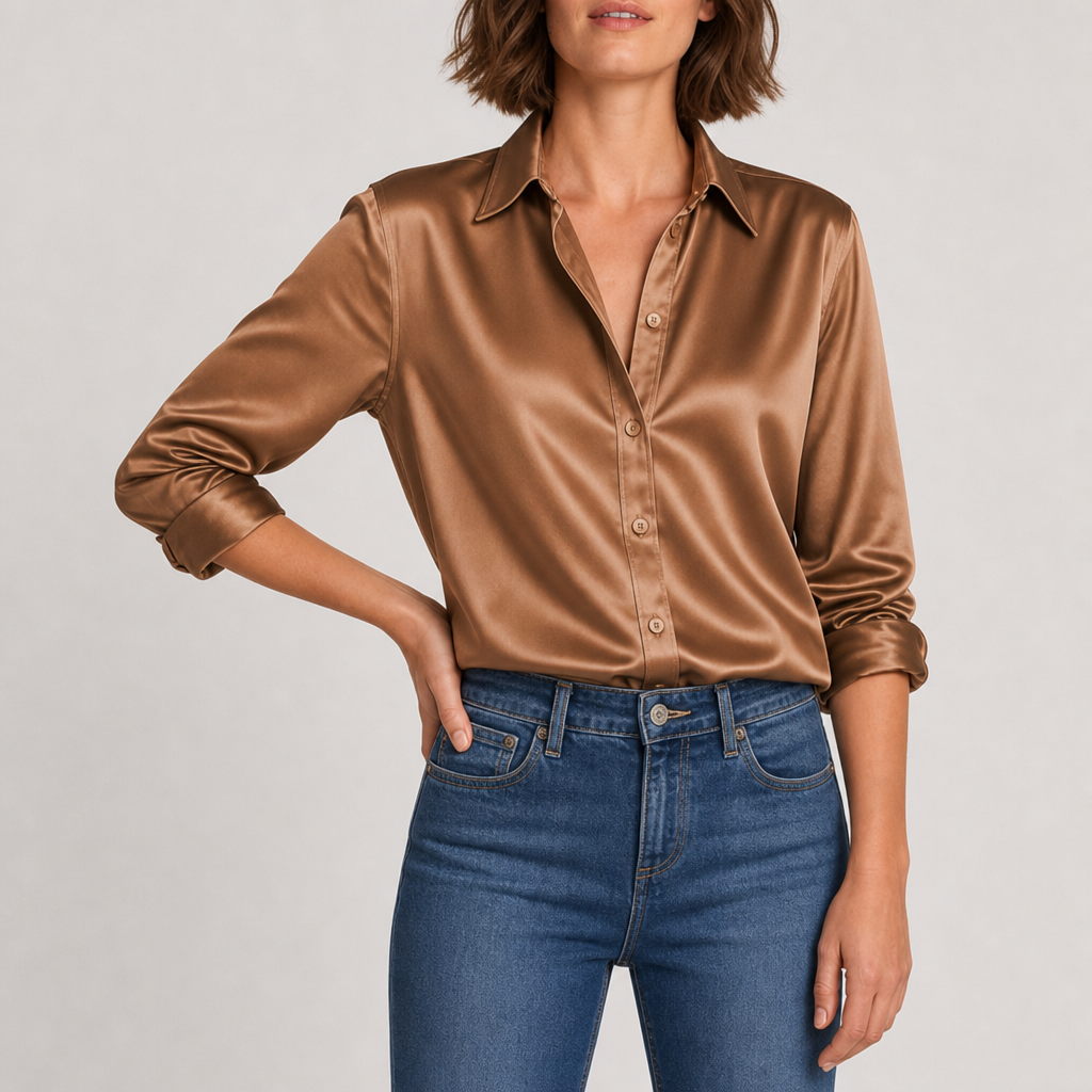 Patmos Satin Button-Down Blouse in Coffee