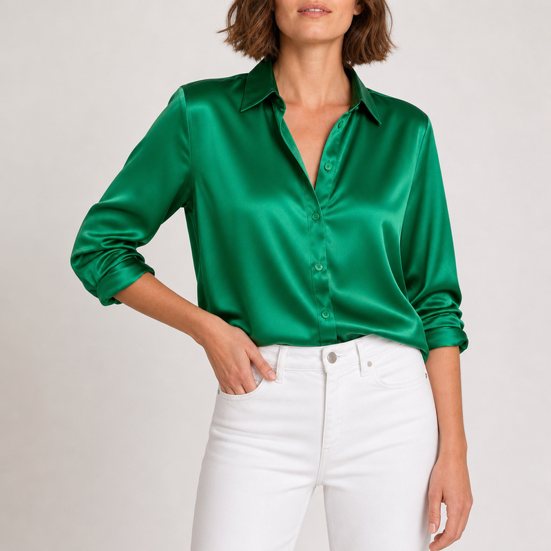 Patmos Satin Button-Down Blouse in Green