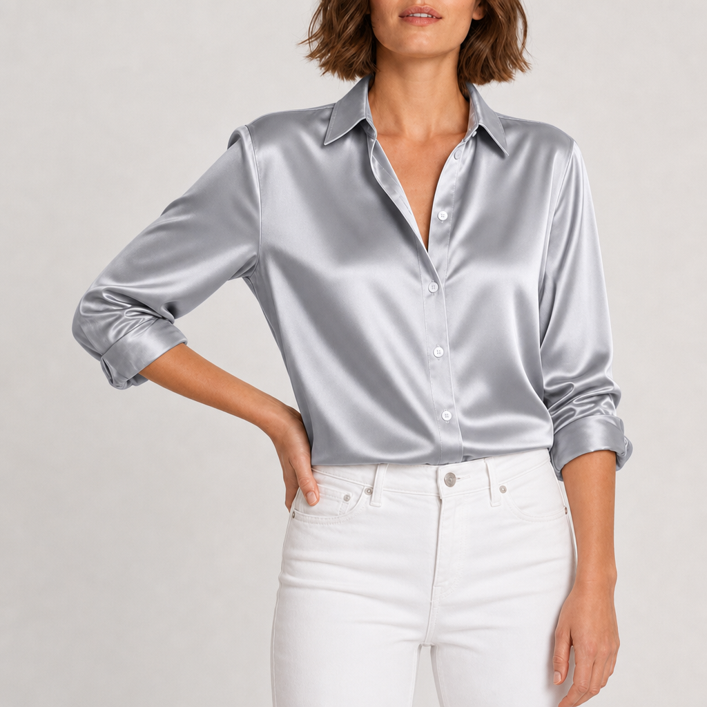 Patmos Satin Button-Down Blouse in Silver