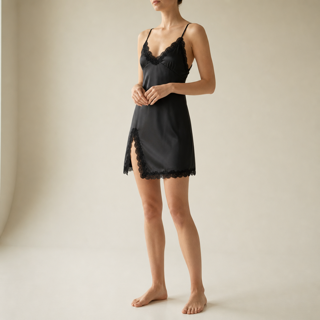 Perugia Satin Lace Chemise in Black