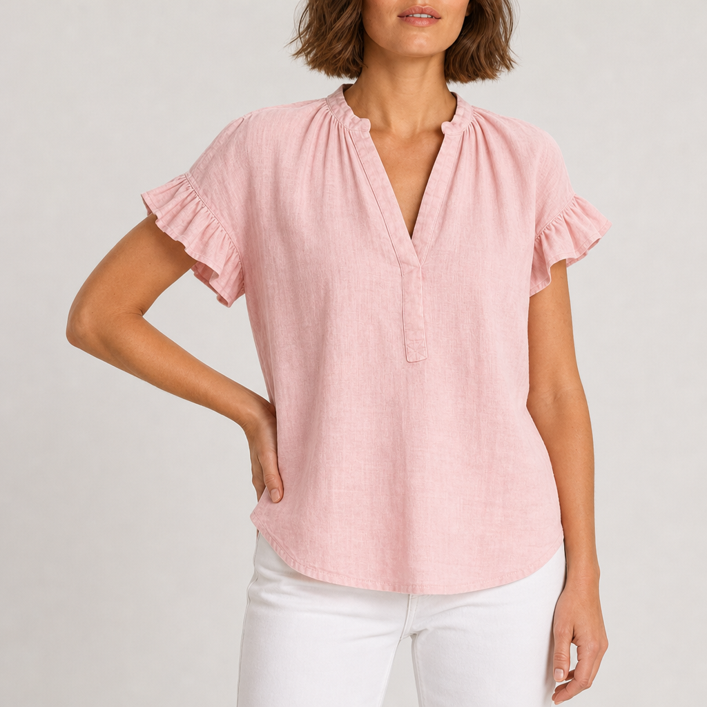 Polignano Ruffle Sleeve Cotton Blouse in Pink