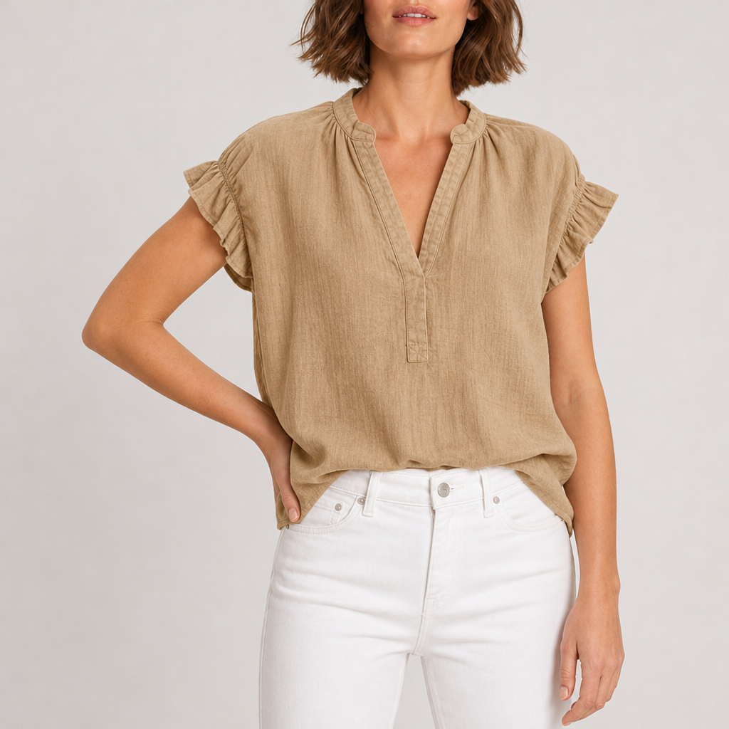 Polignano Ruffle Sleeve Cotton Blouse in Khaki