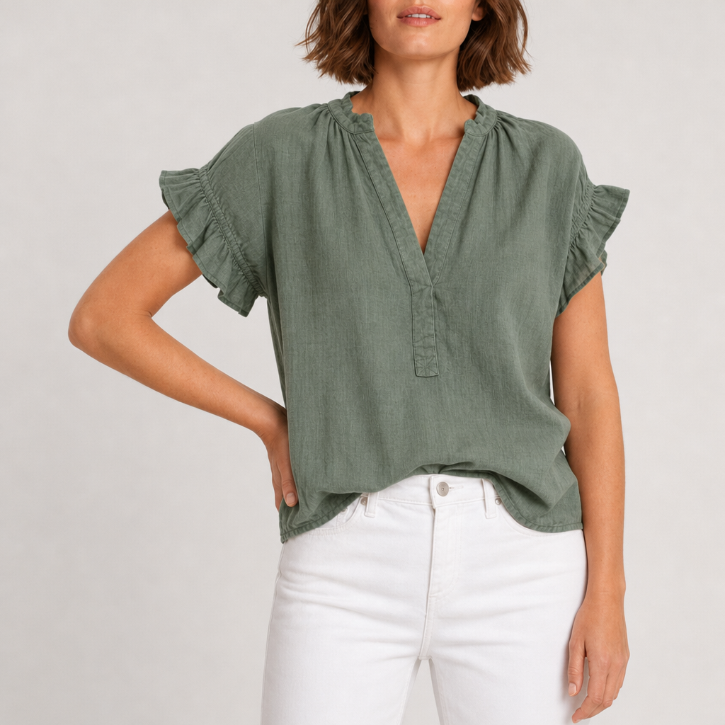 Polignano Ruffle Sleeve Cotton Blouse in Dark Green