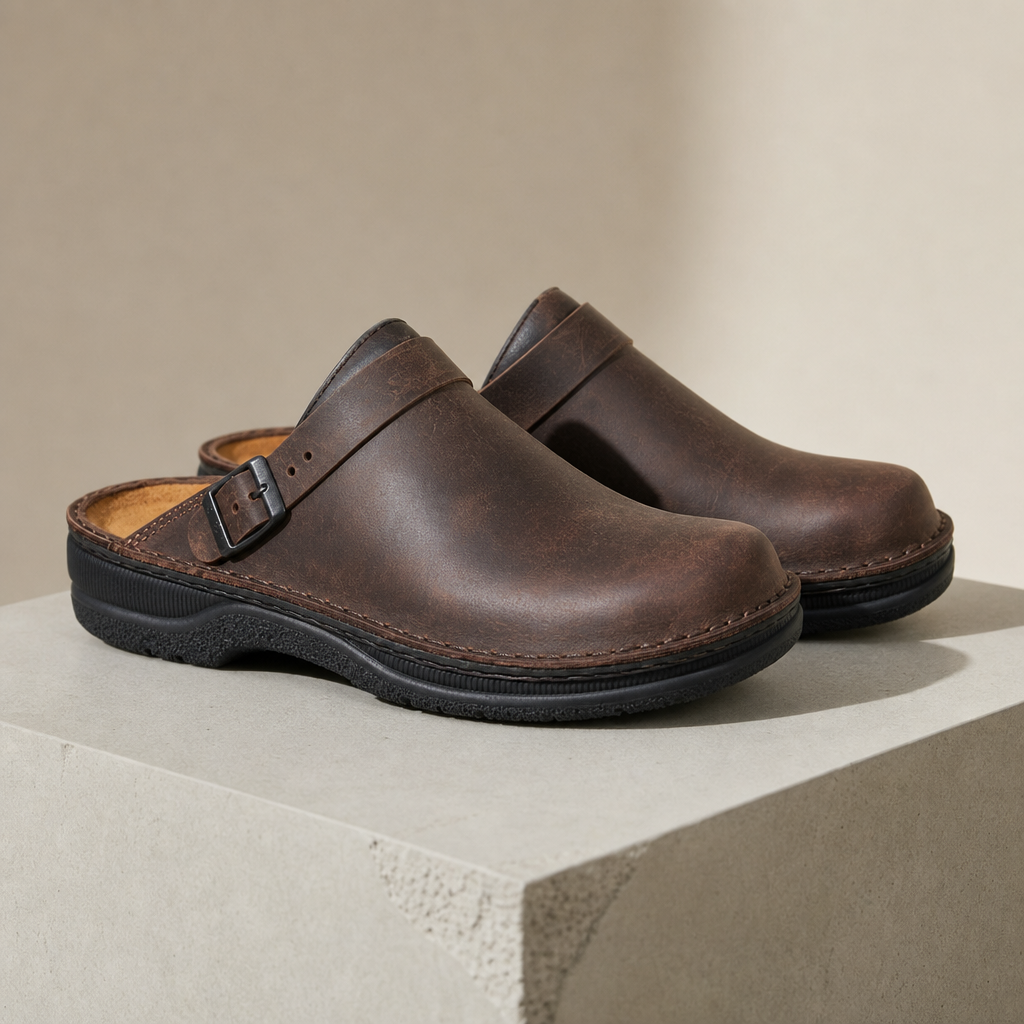 Porec Leather Buckle Clogs in Dark Brown
