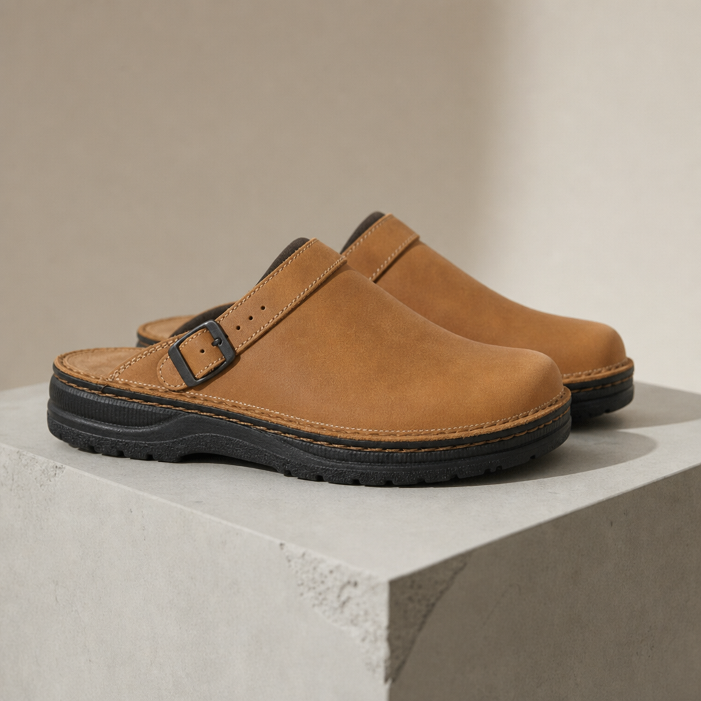 Porec Leather Buckle Clogs in Brown