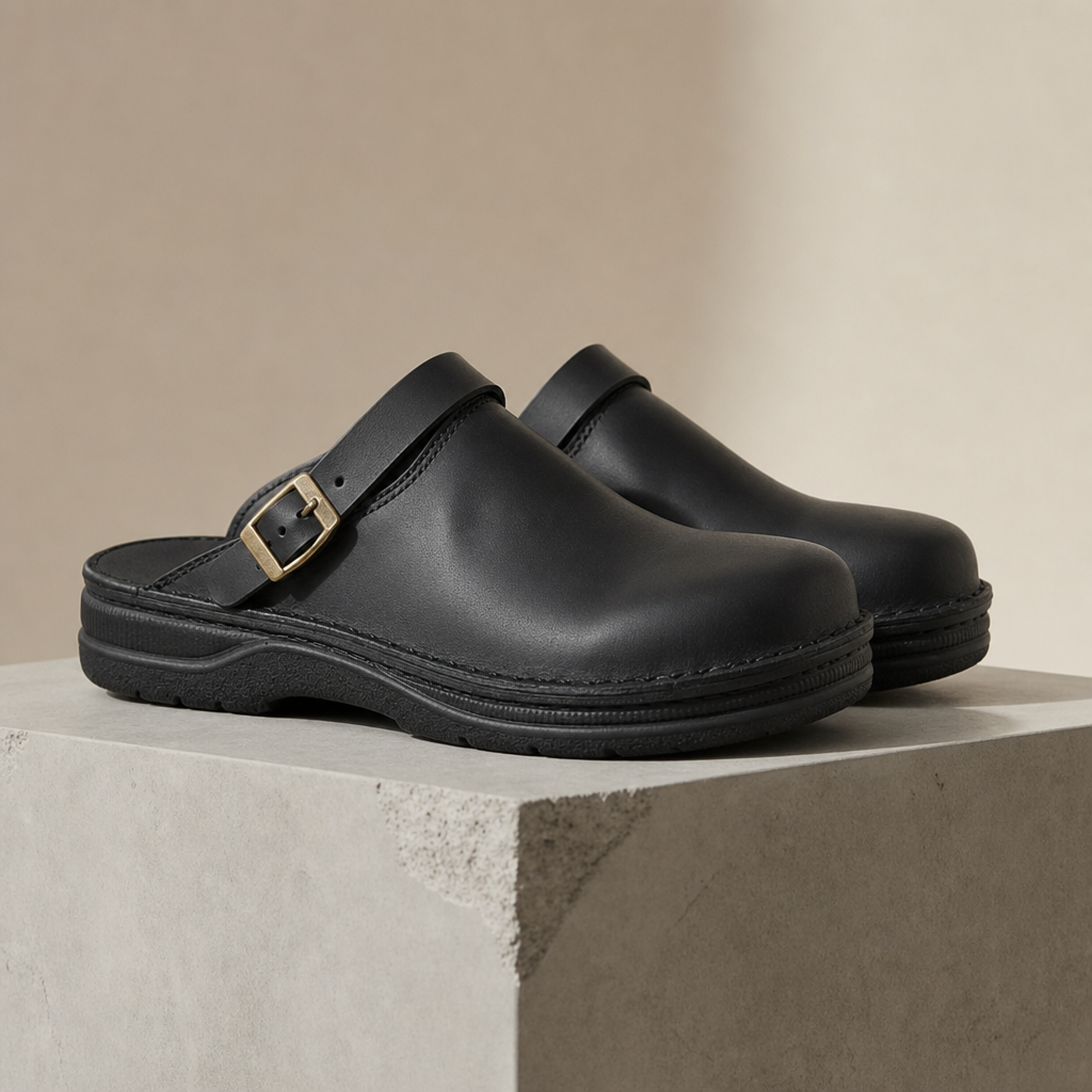 Porec Leather Buckle Clogs in Black