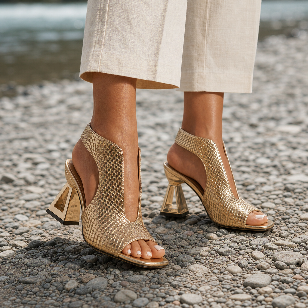 Poros Orthopedic Woven Metallic Slingback Sandals in Gold