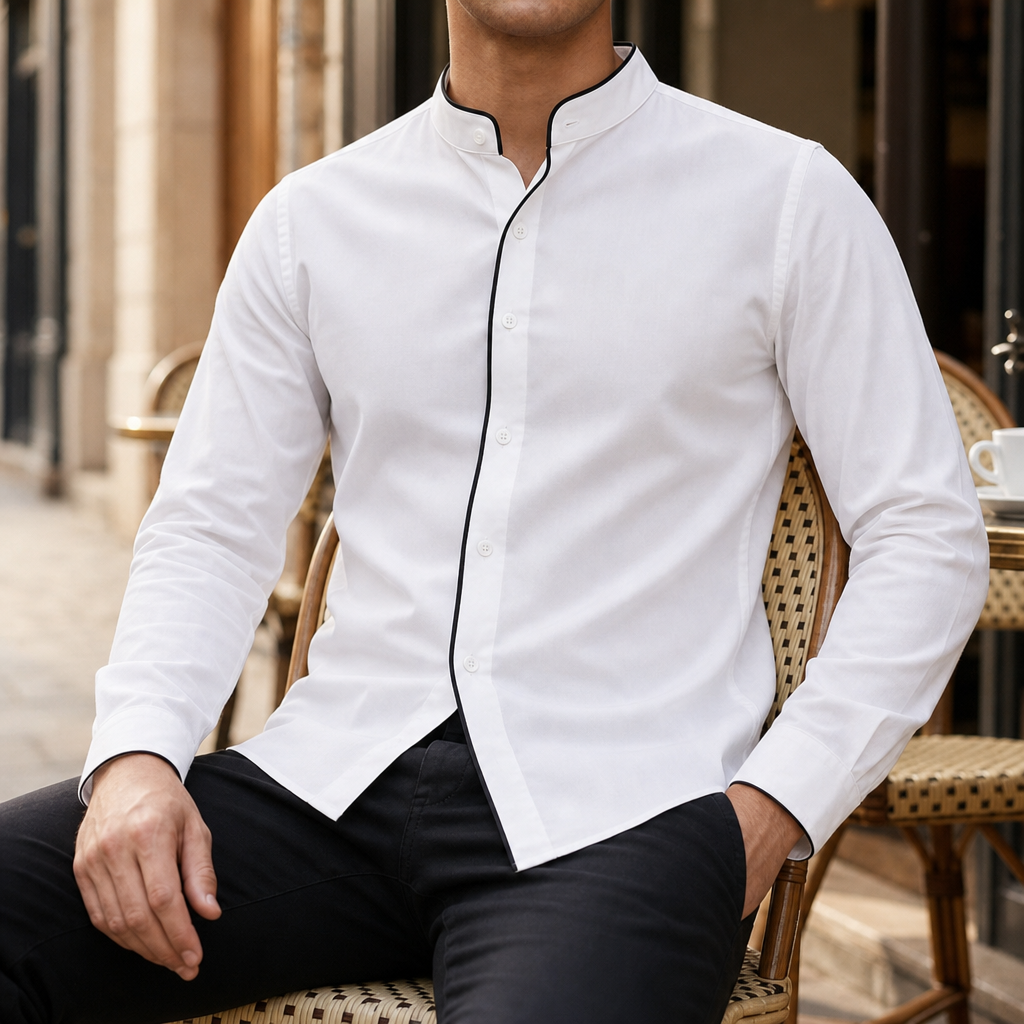 Porquerolles Contrast Piped Mandarin Shirt in White