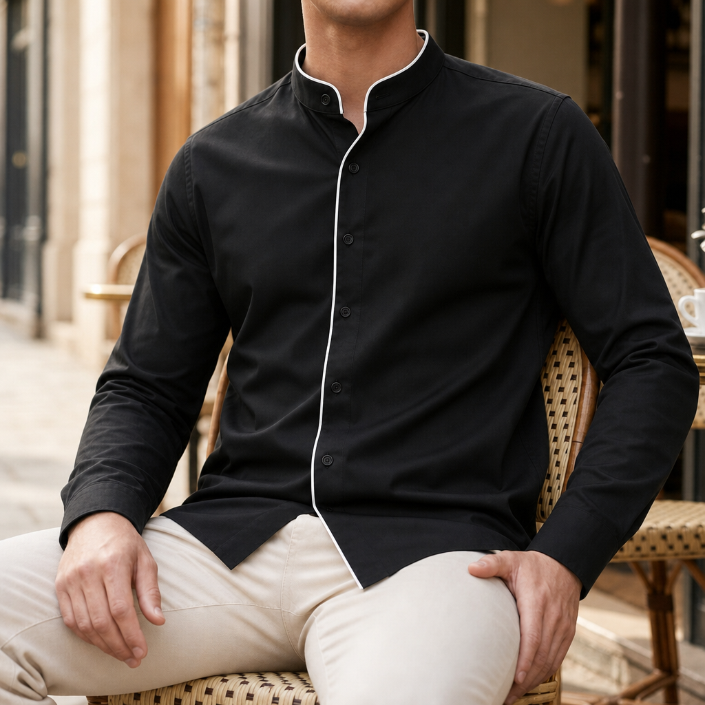 Porquerolles Contrast Piped Mandarin Shirt in Black