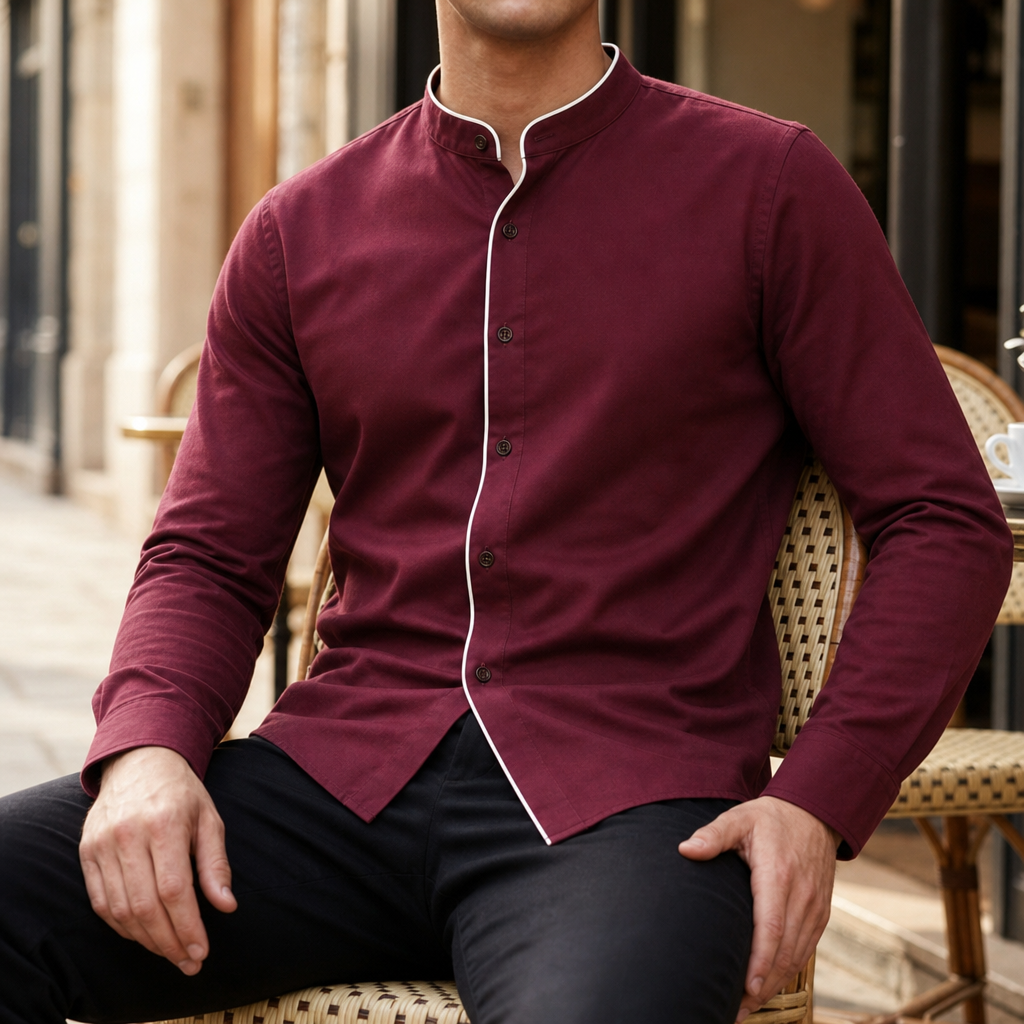Porquerolles Contrast Piped Mandarin Shirt in Burgundy