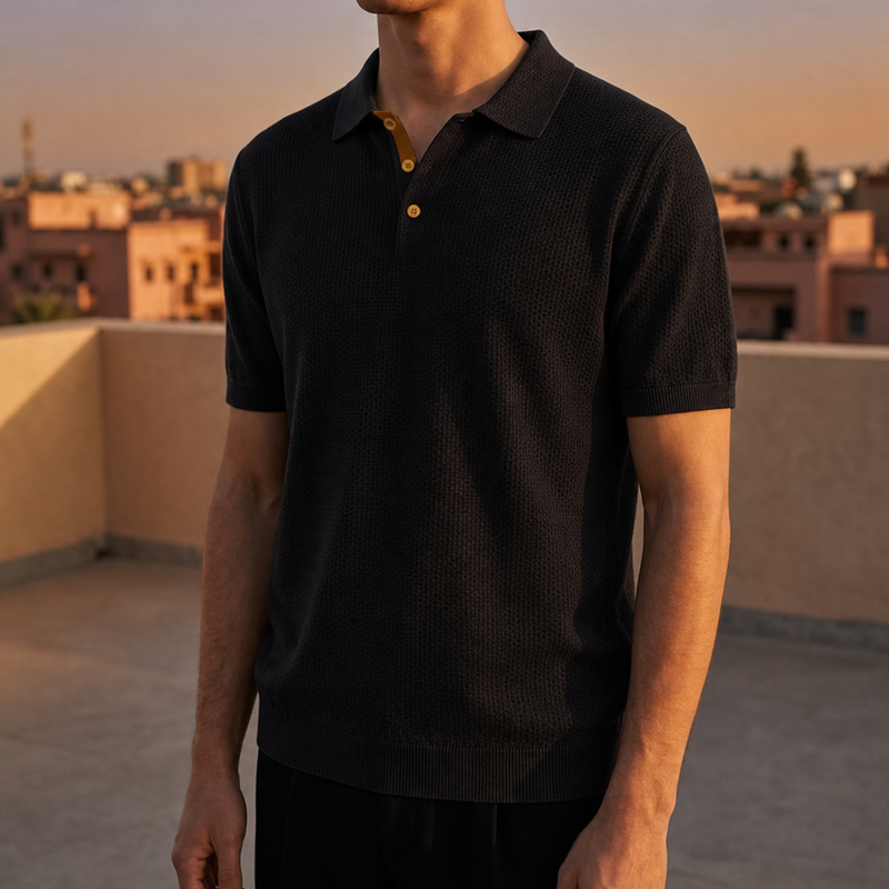 Portofino Textured Knit Polo in Black