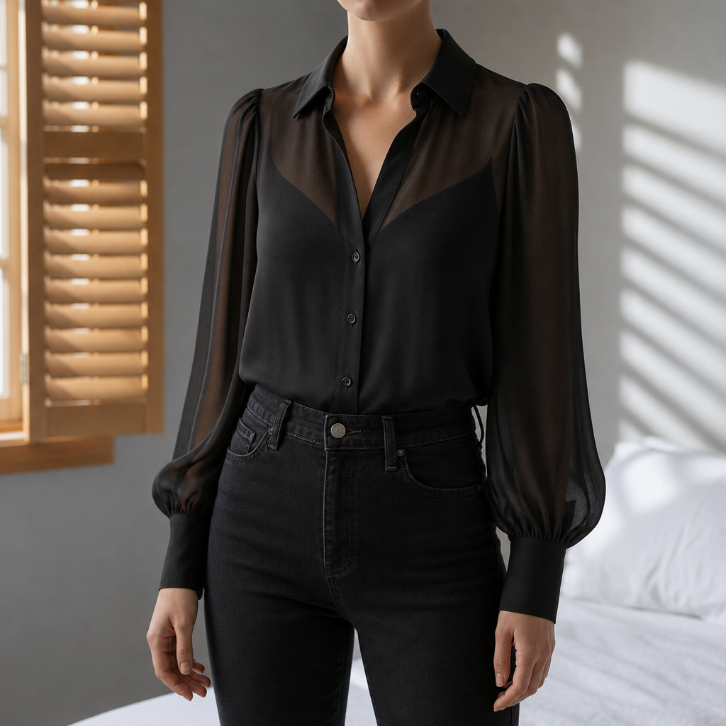 Portovenere Sheer Puff Sleeve Blouse in Black