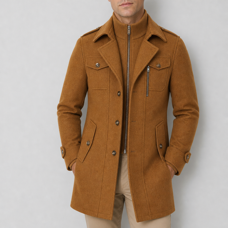 Ragusa Wool Utility Overcoat in Cognac Brown