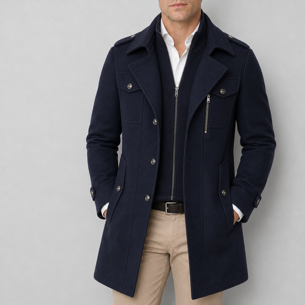 Ragusa Wool Utility Overcoat in Navy Blue
