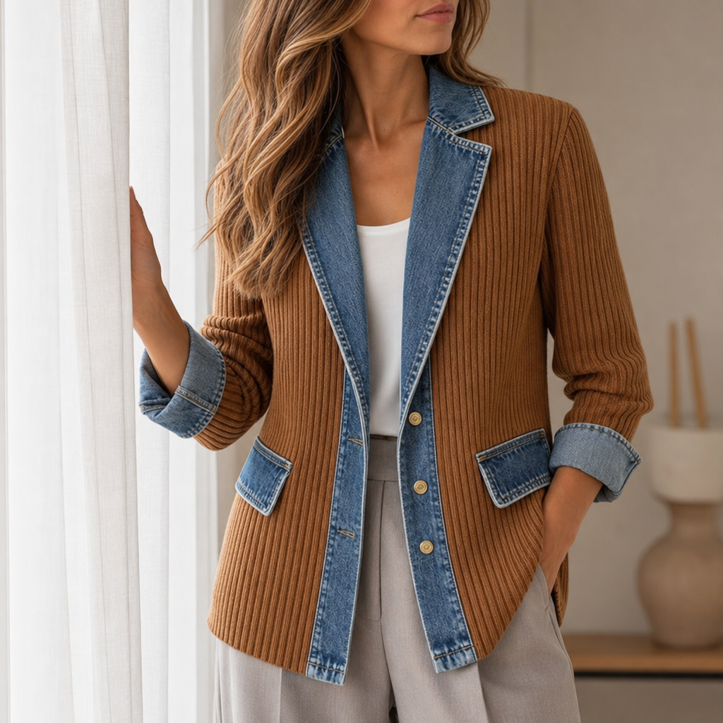Ravello Denim Knit Mixed Jacket in Khaki