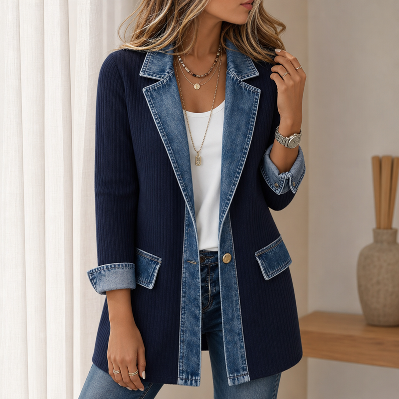 Ravello Denim Knit Mixed Jacket in Navy Blue
