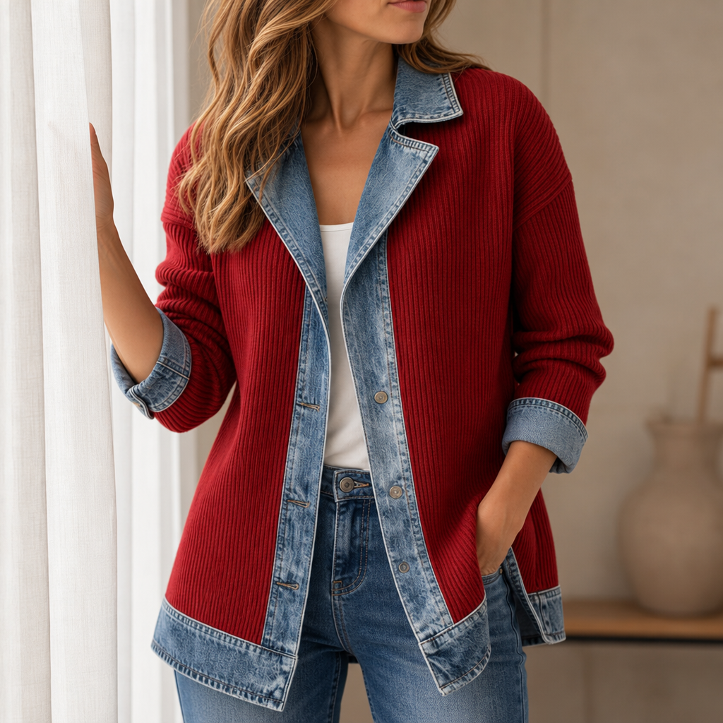 Ravello Denim Knit Mixed Jacket in Red