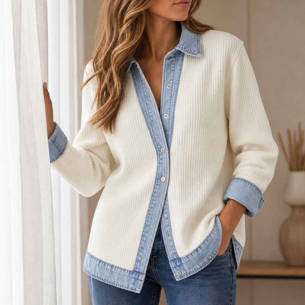 Ravello Denim Knit Mixed Jacket in White