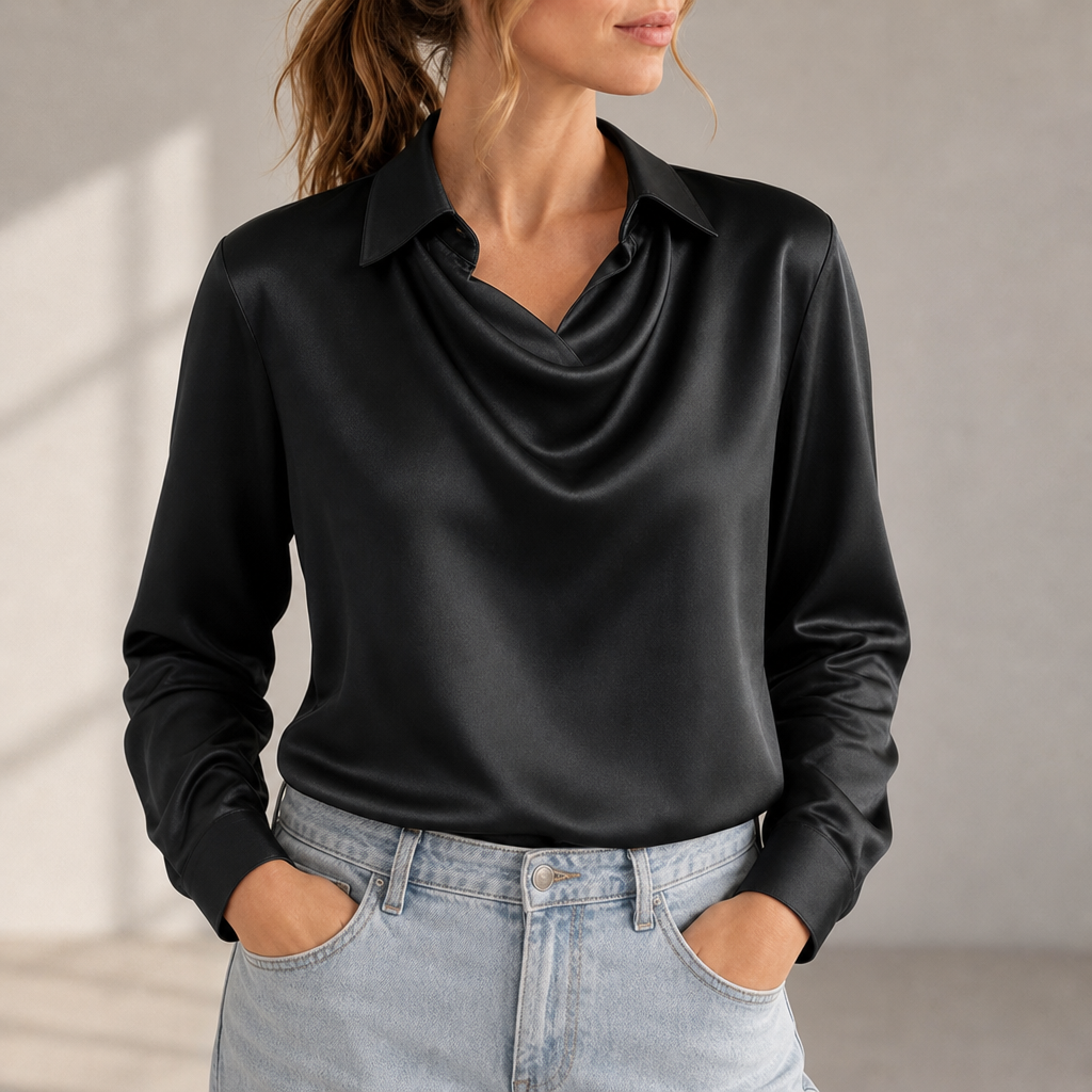 Rimini Satin Cowl Neck Blouse in Black