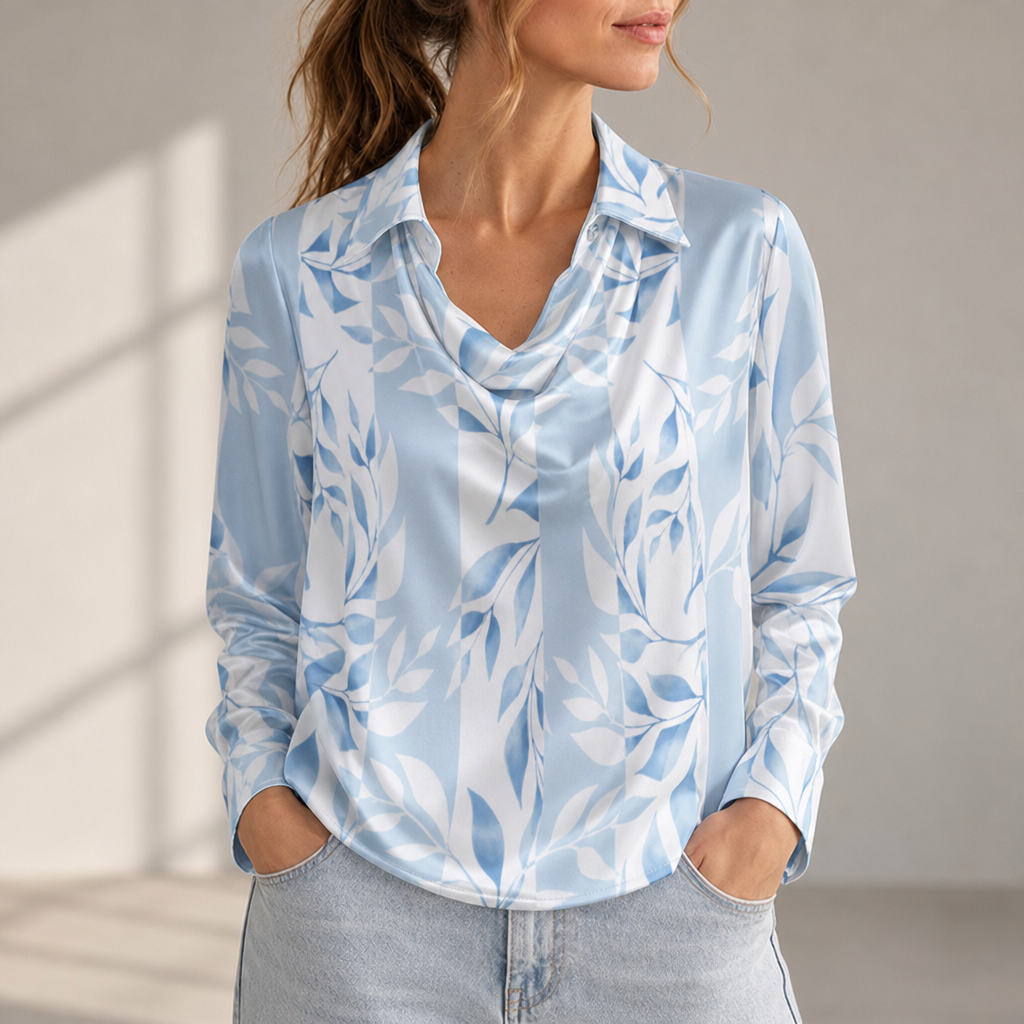 Rimini Satin Cowl Neck Blouse in Light Blue Floral