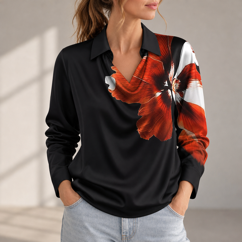 Rimini Satin Cowl Neck Blouse in Black Red