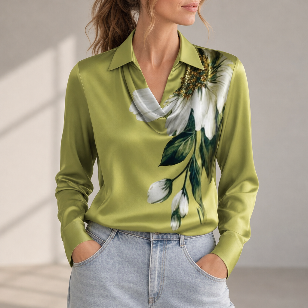 Rimini Satin Cowl Neck Blouse in Green