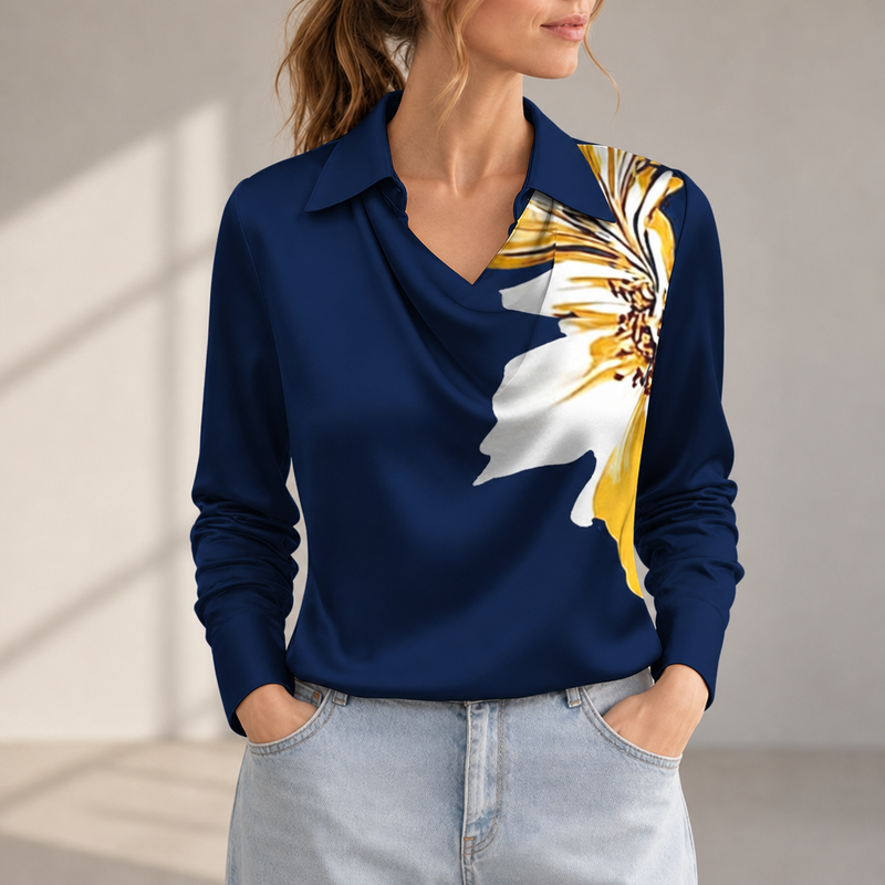 Rimini Satin Cowl Neck Blouse in Dark Blue