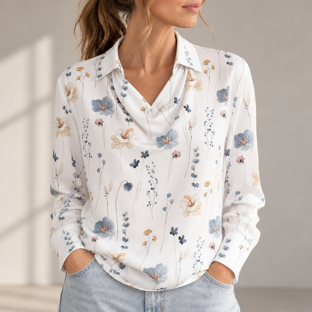 Rimini Satin Cowl Neck Blouse in White Floral