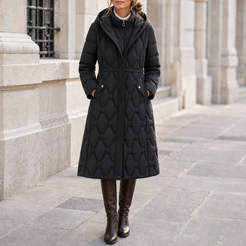 Salamanca Quilted Longline Hooded Coat in Black
