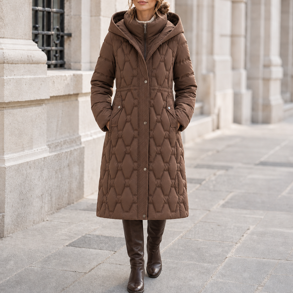 Salamanca Quilted Longline Hooded Coat in Brown