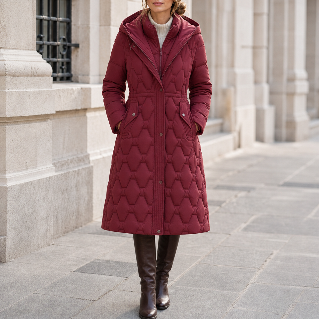 Salamanca Quilted Longline Hooded Coat in Red