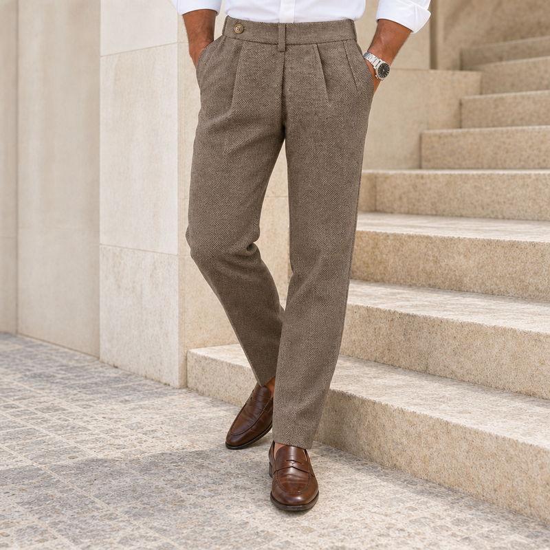 Sanlucar Herringbone Wool Trousers in Khaki