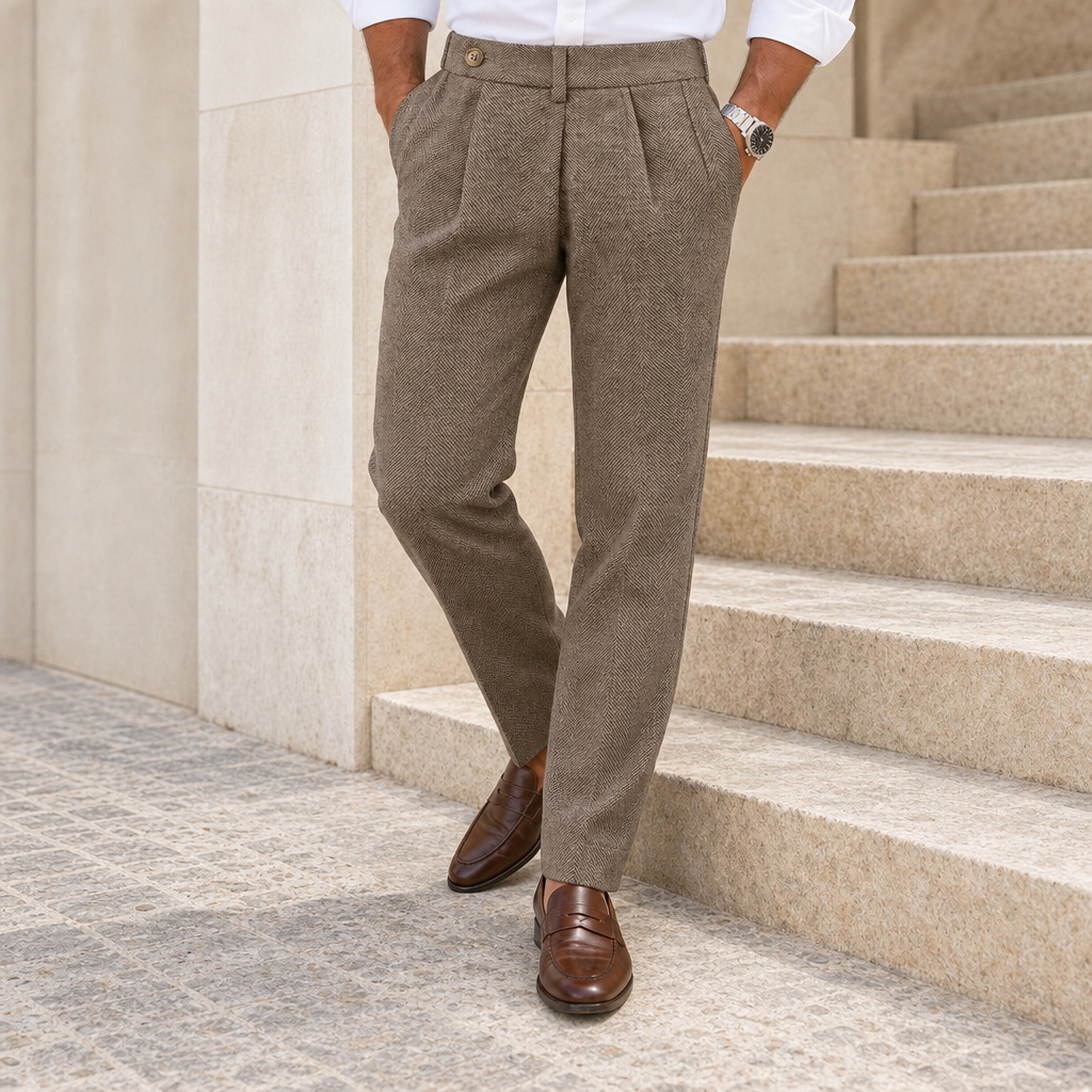 Sanlucar Herringbone Wool Trousers in Khaki