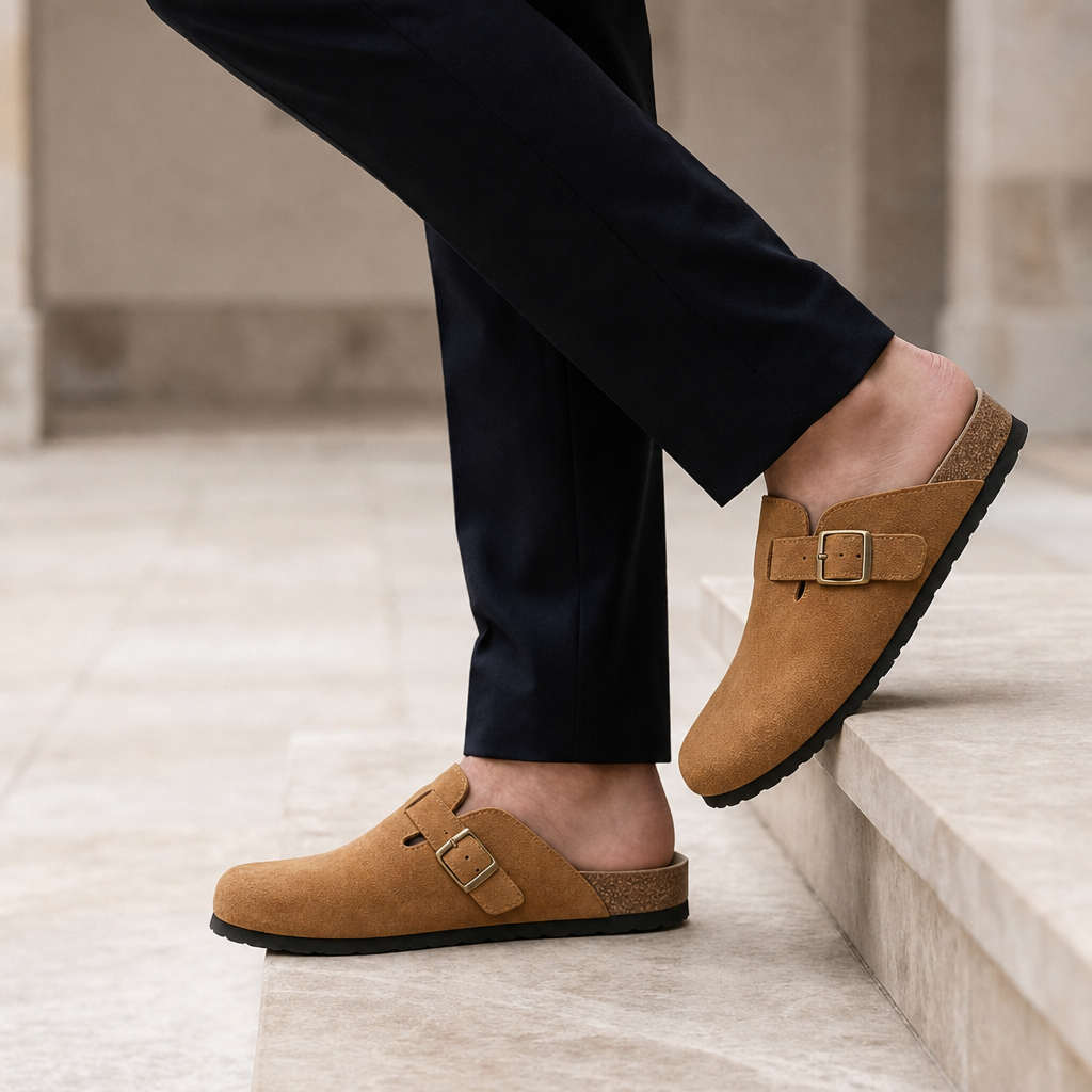 Sanlucar Suede Buckle Clogs in Bronze