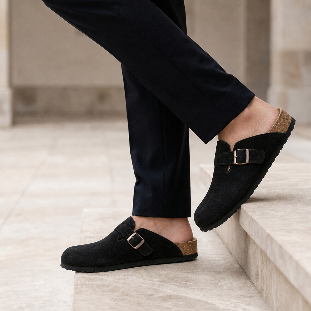 Sanlucar Suede Buckle Clogs in Black