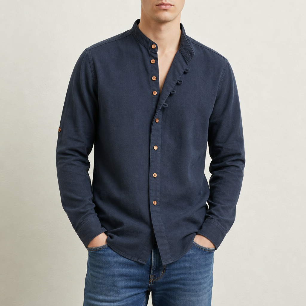 Santa Margherita Linen Mandarin Collar Shirt in Navy
