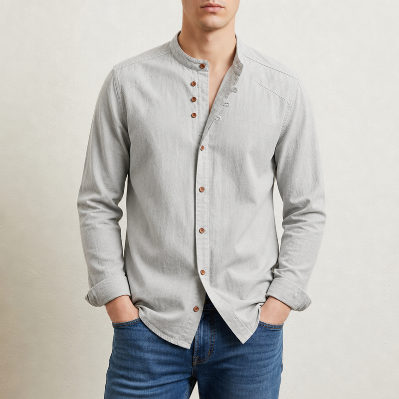 Santa Margherita Linen Mandarin Collar Shirt in Light Gray
