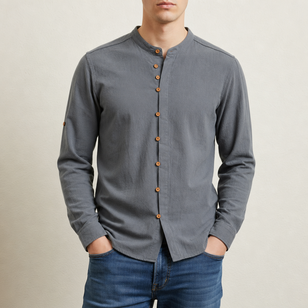 Santa Margherita Linen Mandarin Collar Shirt in Dark gray