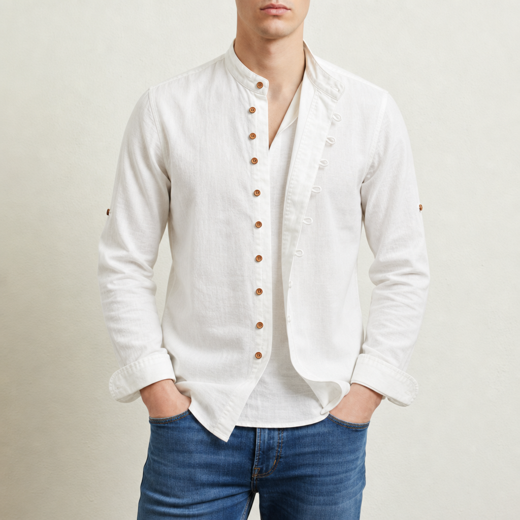 Santa Margherita Linen Mandarin Collar Shirt in White